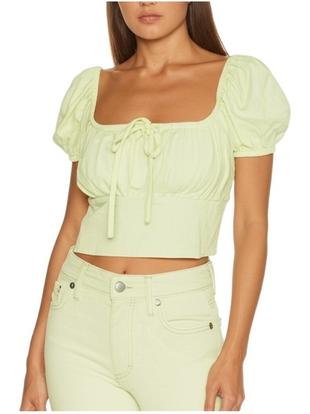 Zara Light Green Puff-Sleeve Cropped Tie-Front Top